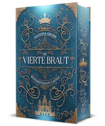 Das Cover zeigt mittig den Titel des Buches. Oberhalb des Titels steht der Name der Autorin, darüber befindet sich eine goldene Krone. In den Ecken sind goldenen Schnallen abgebildet und im unteren Viertel ist ein goldenes Schloss zu sehen. Die Grundfarbe ist Blau. Der Farbschnitt ist blau mit goldenen Verzierungen darauf.